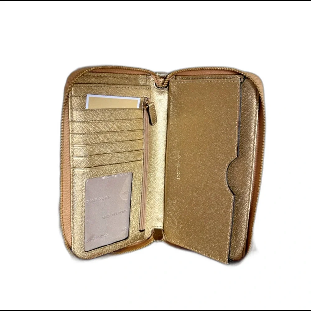 New Michael Kors Continental Zippy Wallet Metallic Gold New In Box